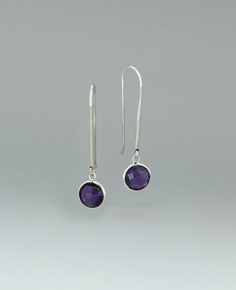 Full view of Sterling Silver Amethyst Stone Threader Earrings highlighting the sleek threader design and radiant amethyst stone