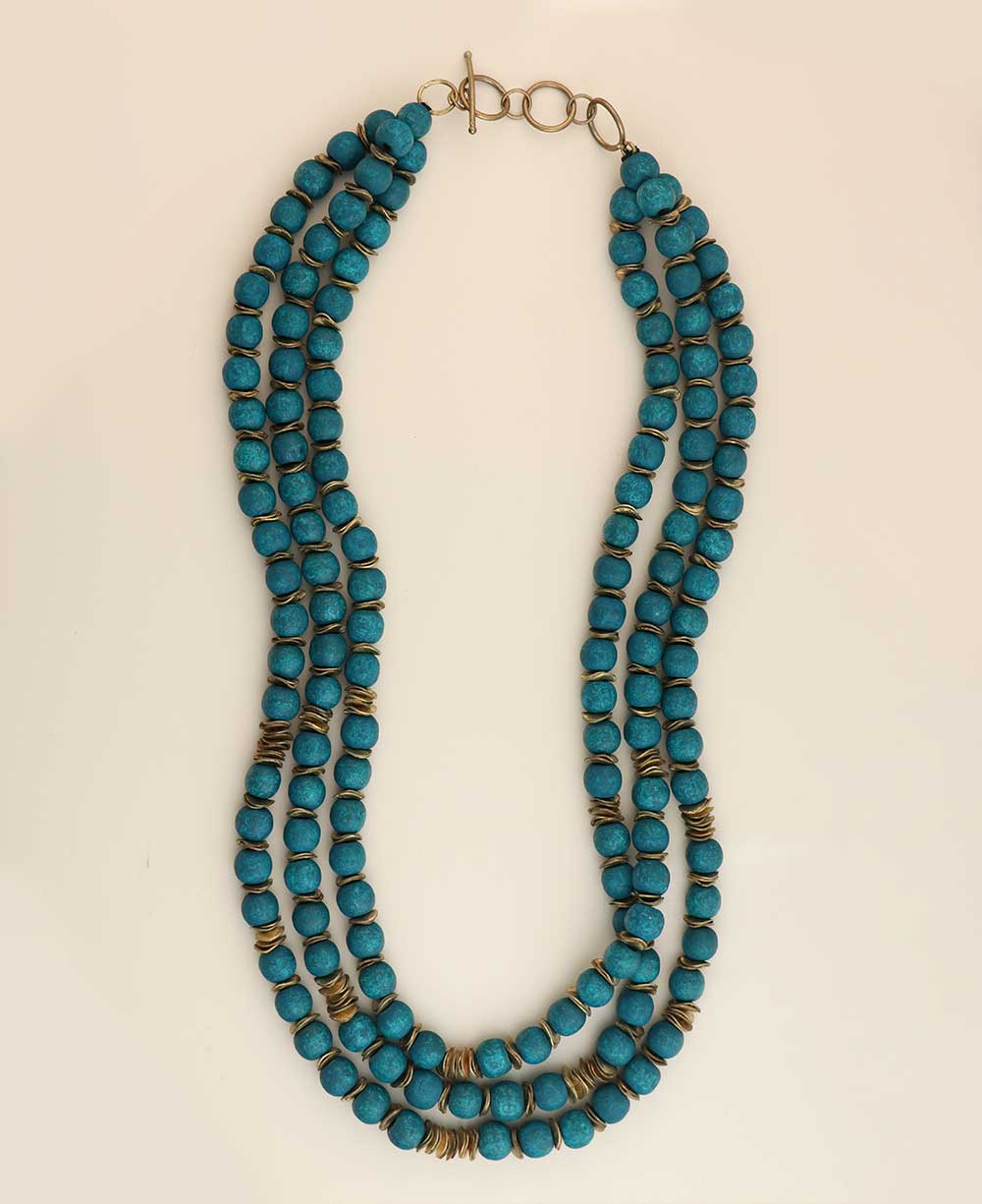 Layered teal and brass wooden necklace