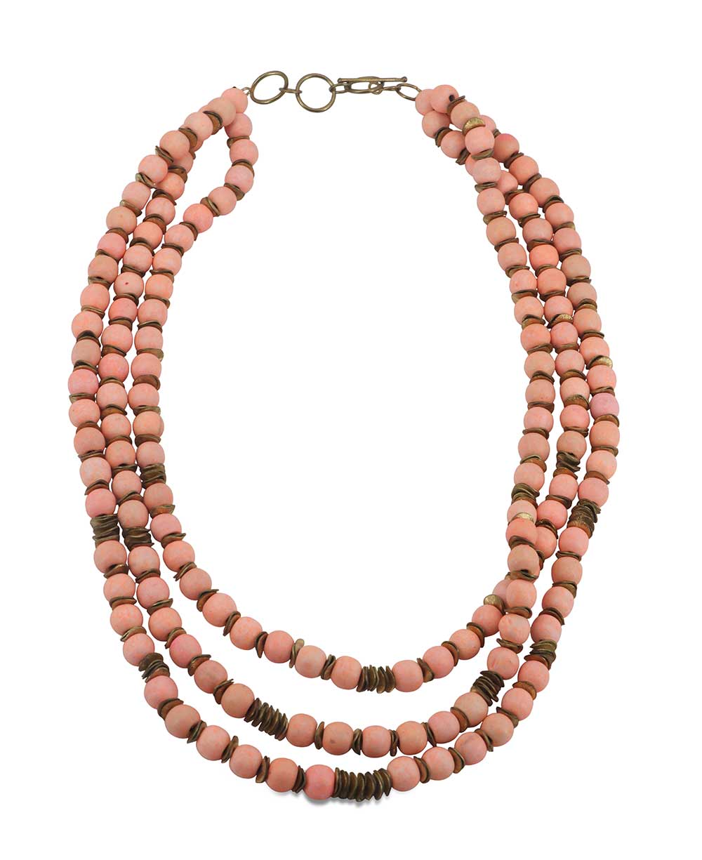 Multi-strand pink wooden necklace with brass