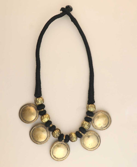 Metal disc necklace with black cord