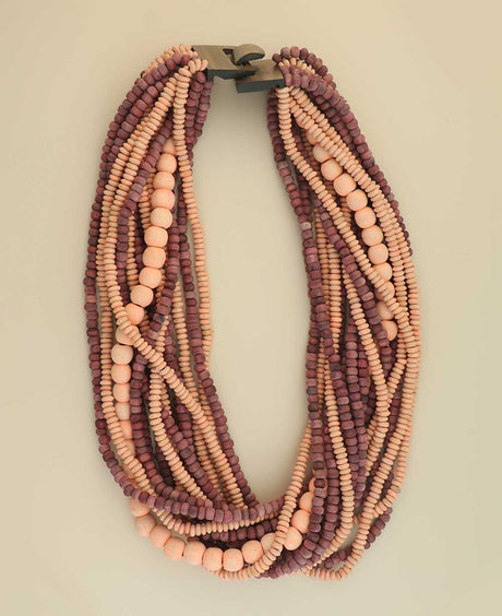 Pink, lilac, and peach multi-layer wood necklace