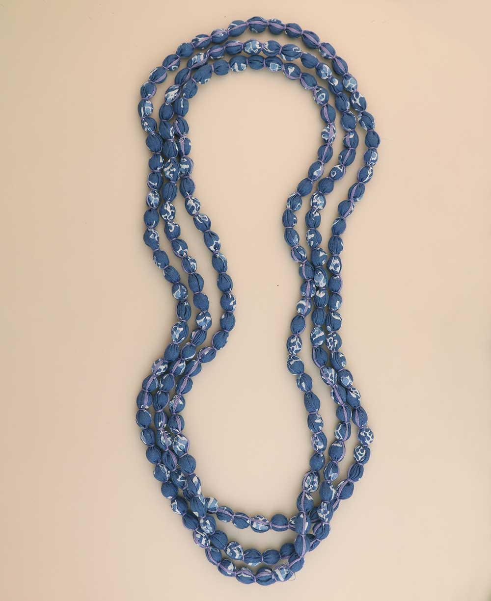 Layered blue fabric bead necklace