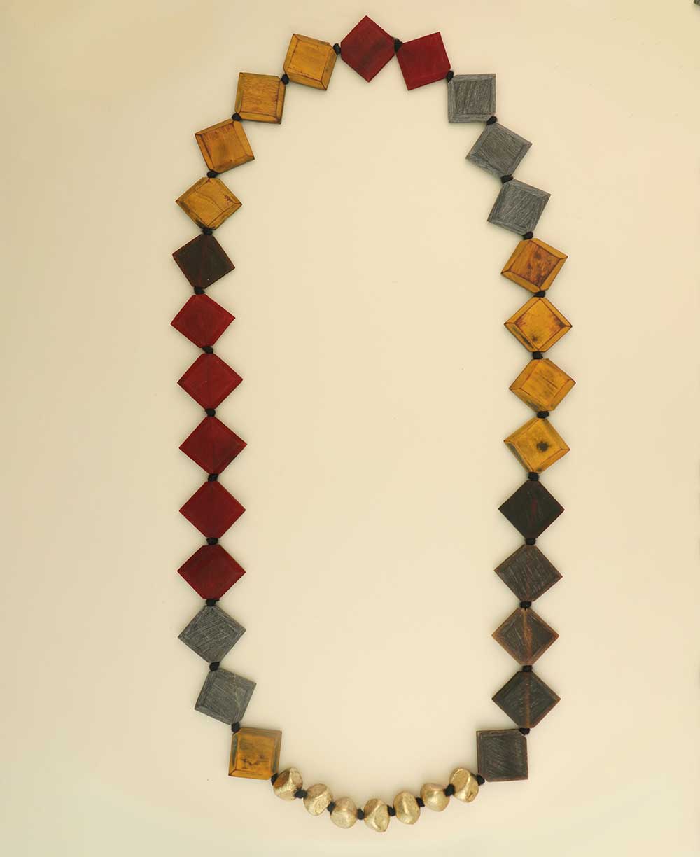 Red, yellow, and gray horn bead necklace