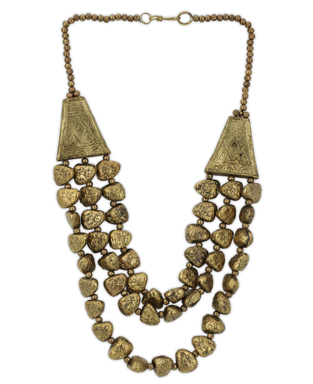 Triple-strand gold-tone beaded necklace