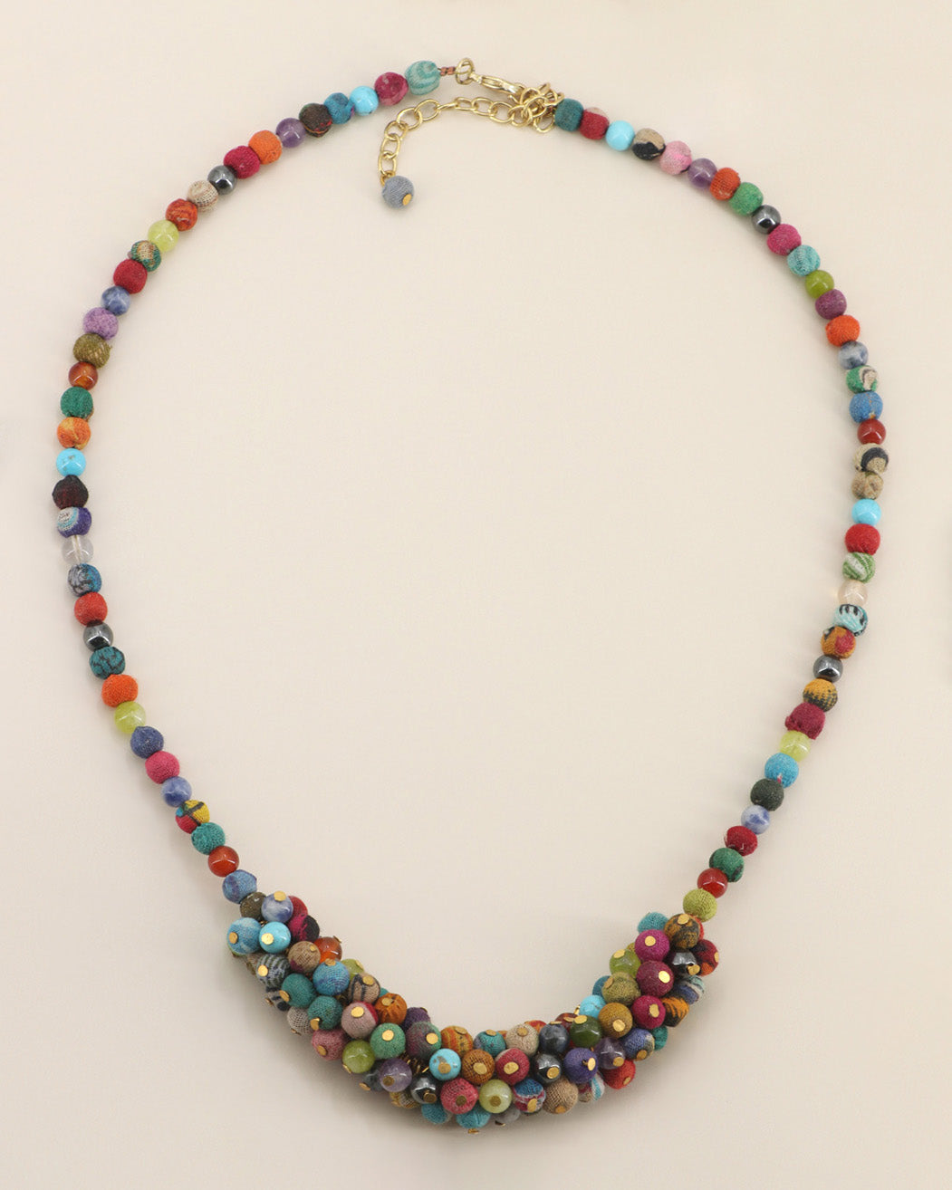 Handmade textile and gemstone cluster necklace