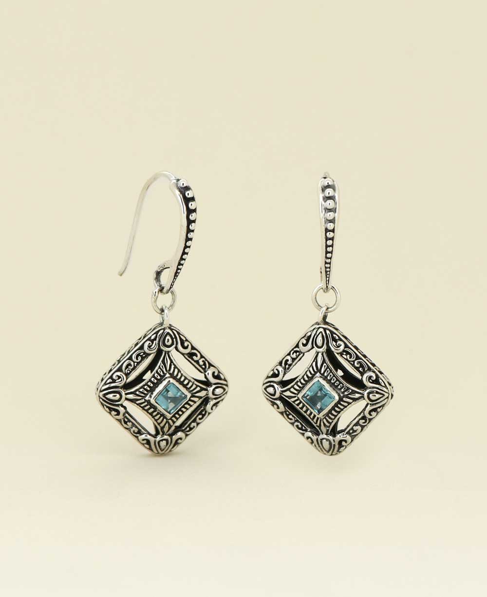 Bali Made Sterling Silver Blue Topaz Earrings Cultural Elements