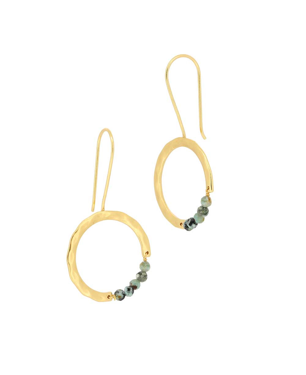 Artisanal brass hoop earrings with turquoise