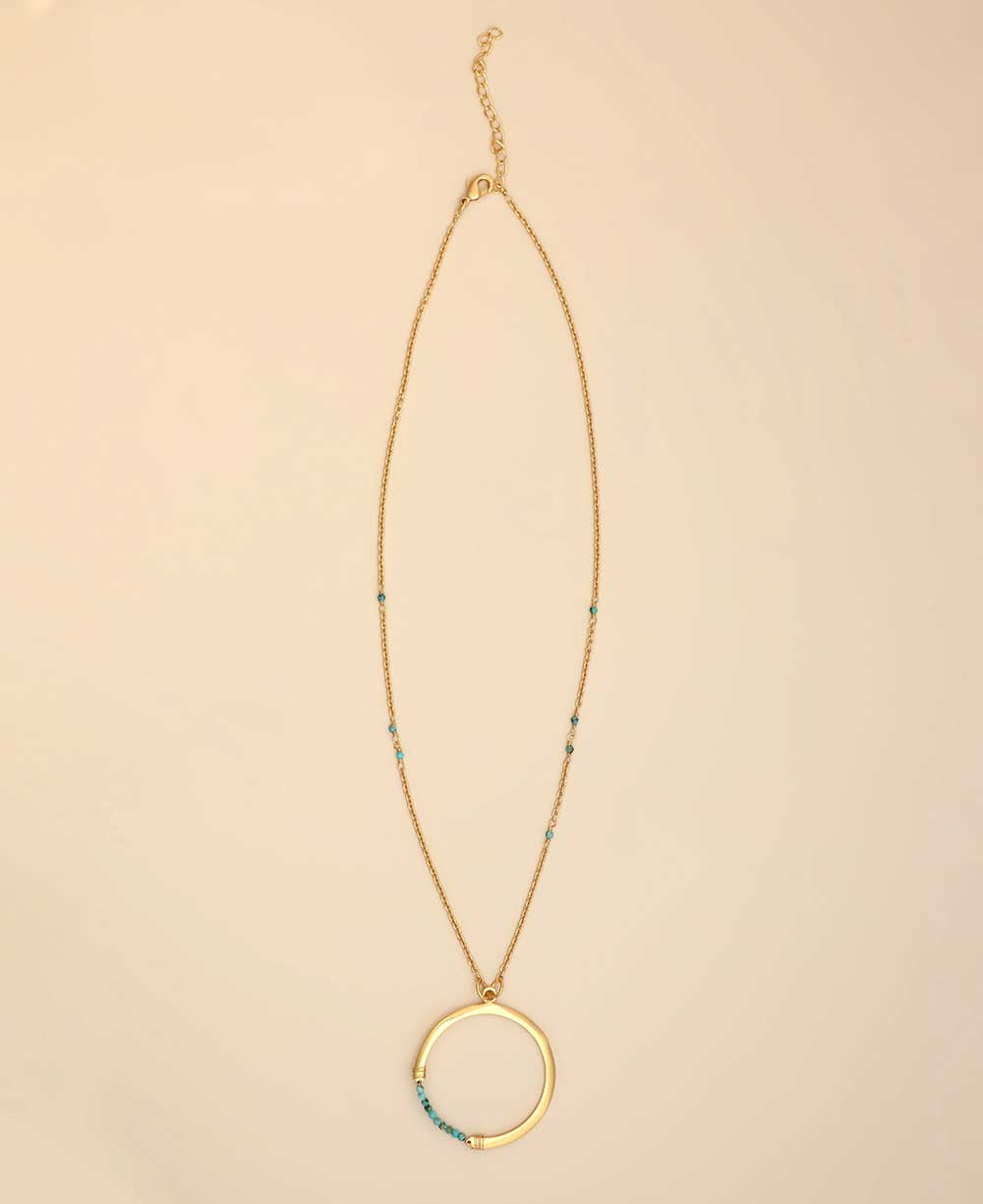 Gold-plated circle pendant necklace with turquoise accents