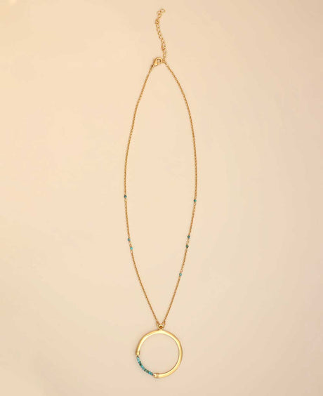 Gold-plated circle pendant necklace with turquoise accents