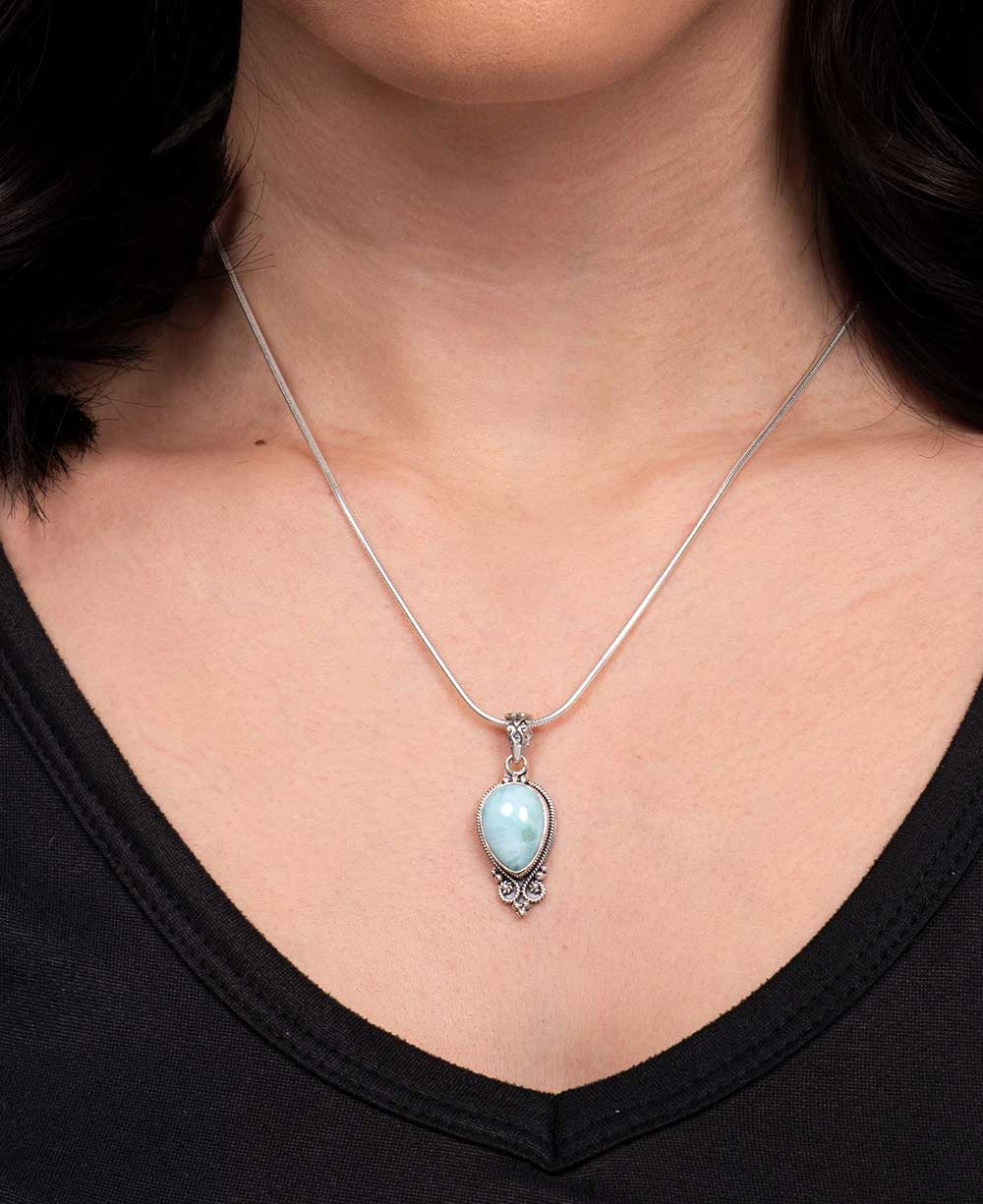 Pear-shaped larimar pendant with beadwork