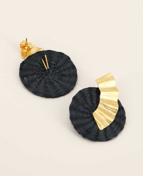 Handwoven black and gold palm disc earrings