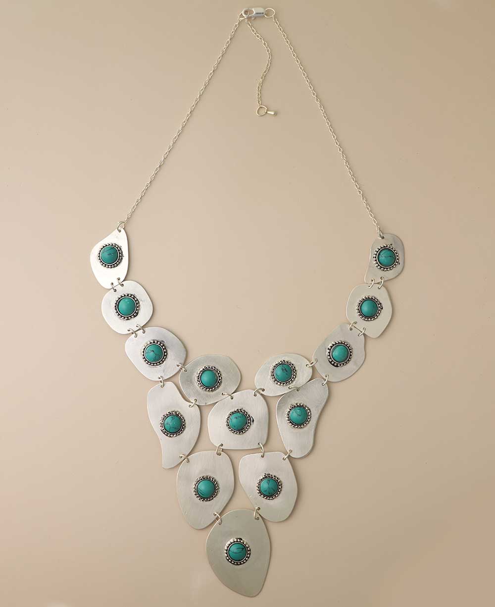 Silver-plated necklace with turquoise polymer clay beads.