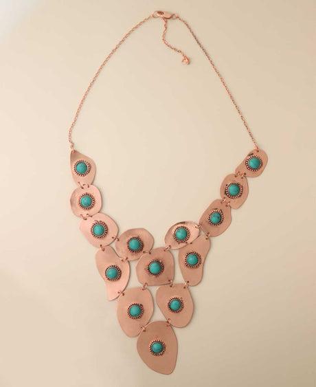 Copper necklace with turquoise polymer clay beads.