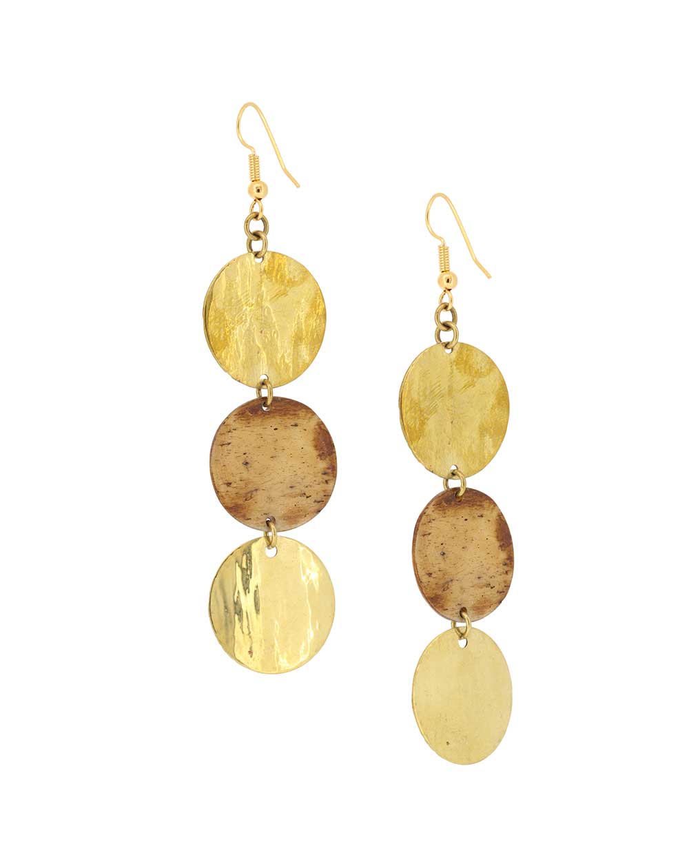 Horn and brass triple disc earrings