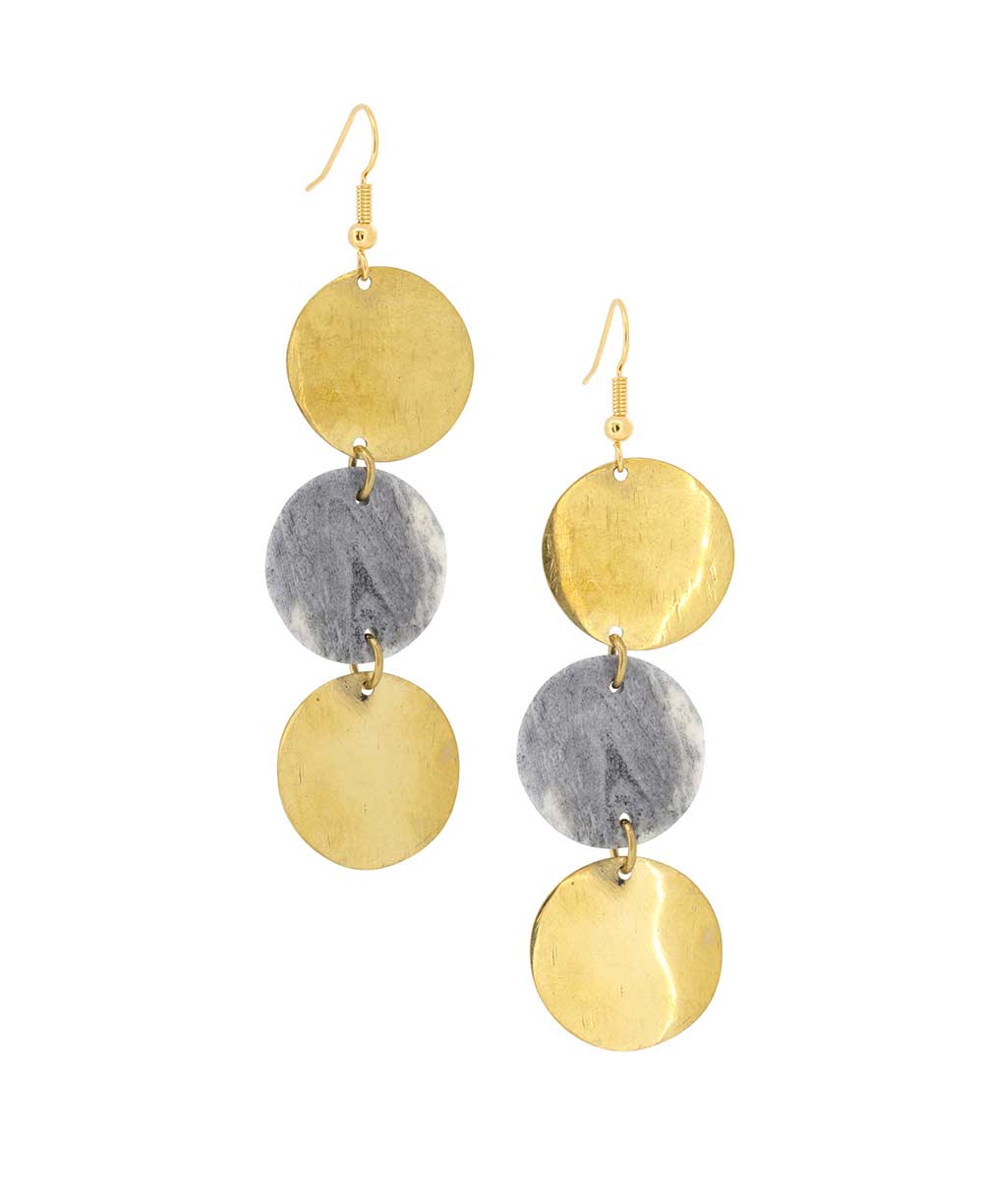 Gray horn and brass triple disc earrings