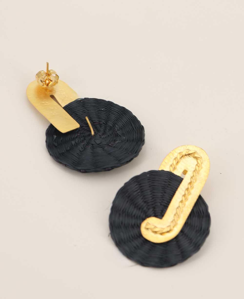 Handwoven black and gold palm disc earrings