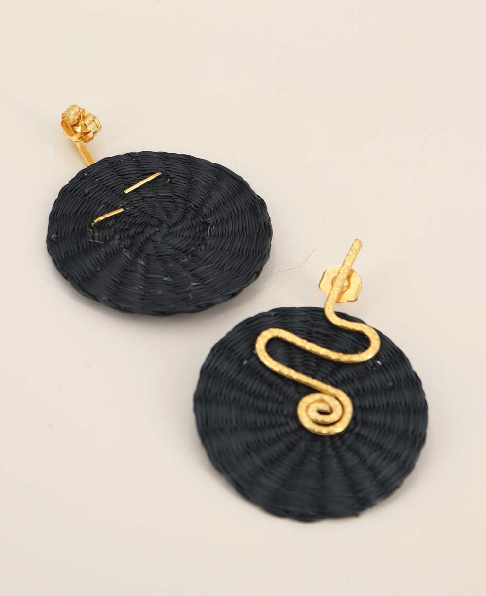 Handwoven black and gold palm disc earrings