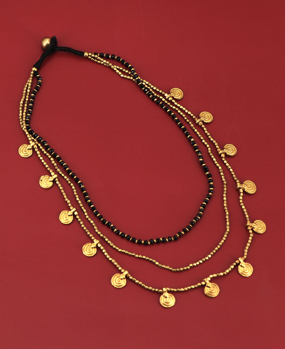 Handcrafted Triple Strand Black And Brass Bead Necklace From India Cultural Elements