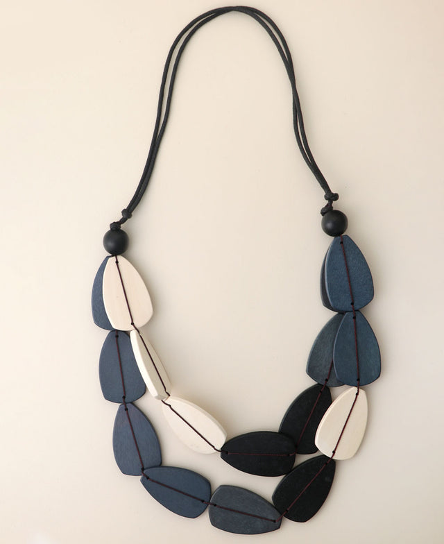 Two-layer teardrop bead necklace with black cotton cord