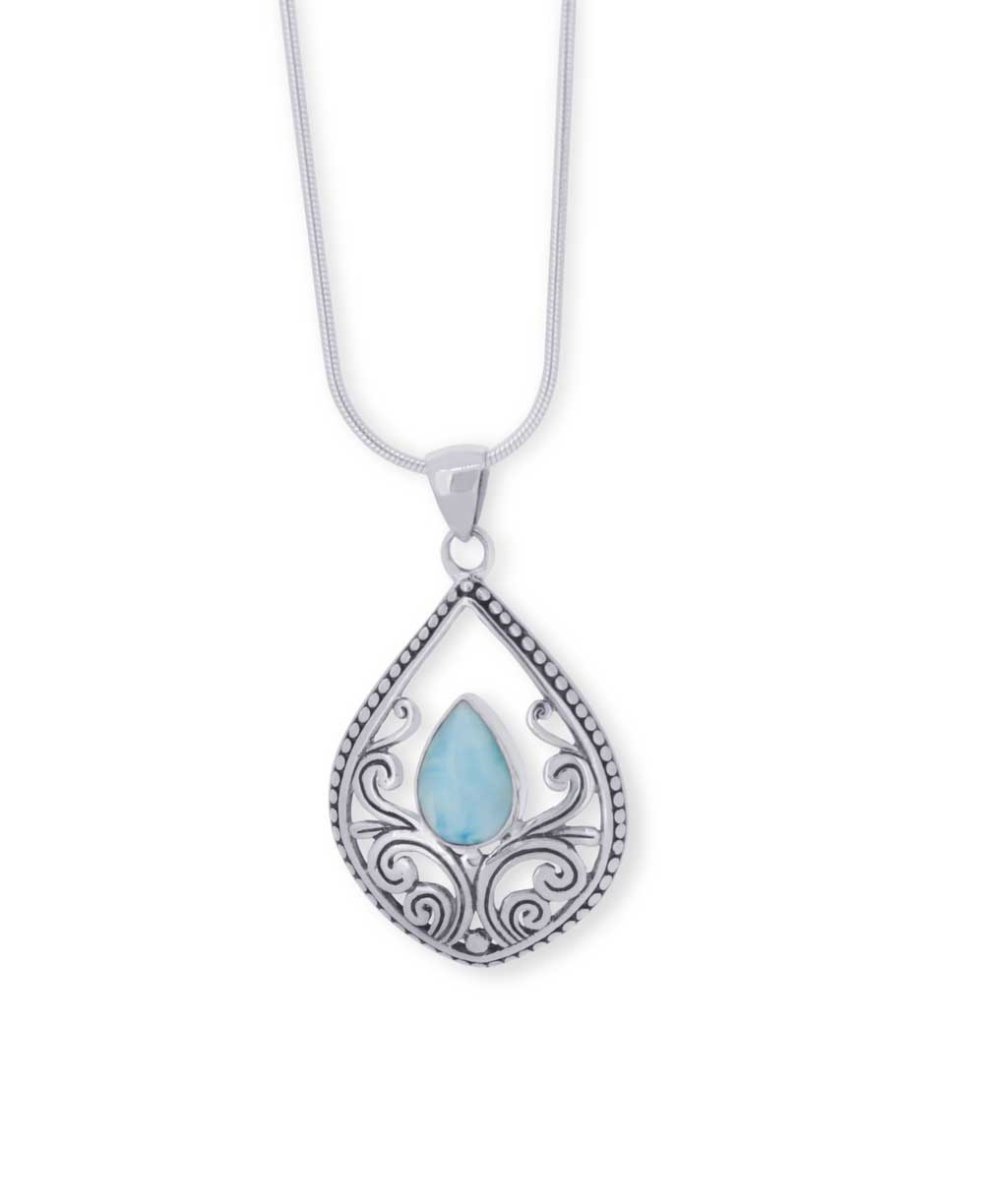 Detailed scrollwork larimar pendant