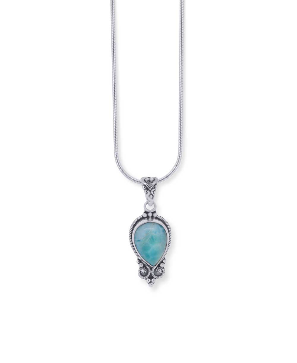 Delicate scrollwork larimar pendant