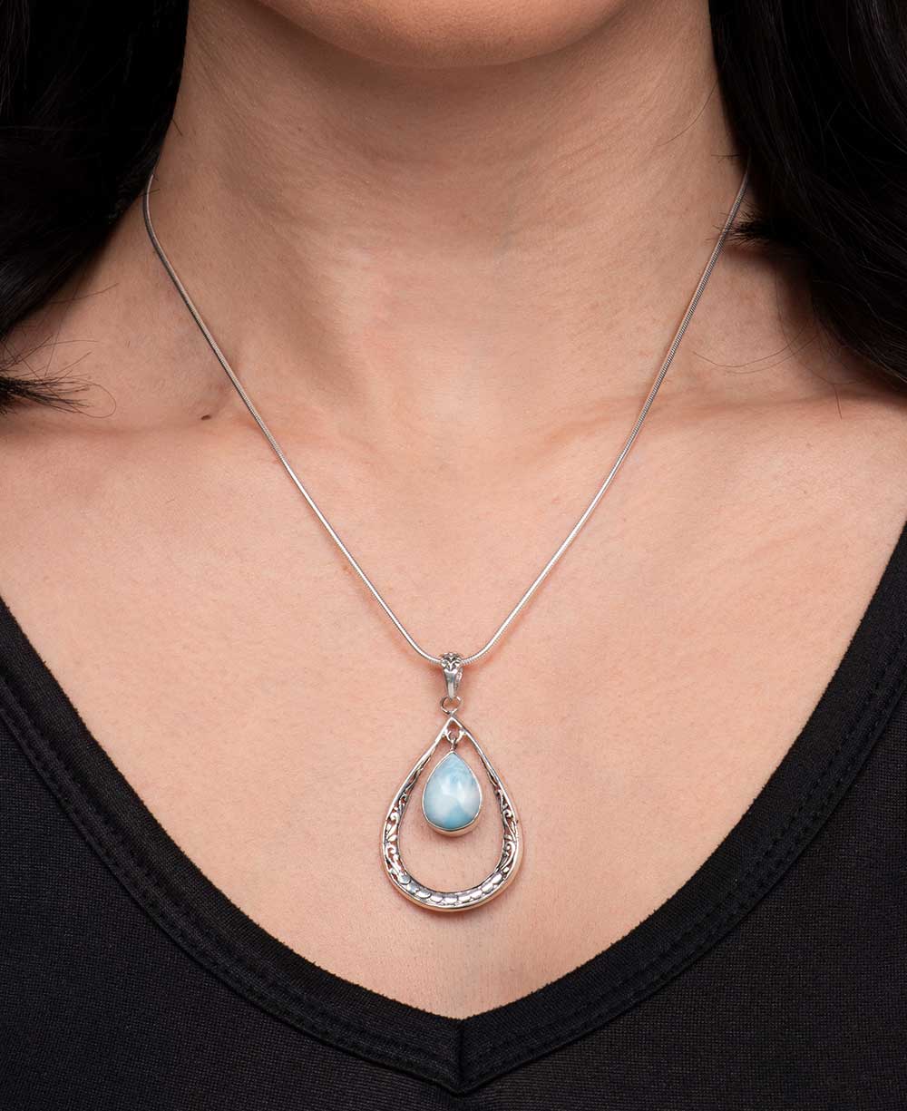 Teardrop floral larimar pendant