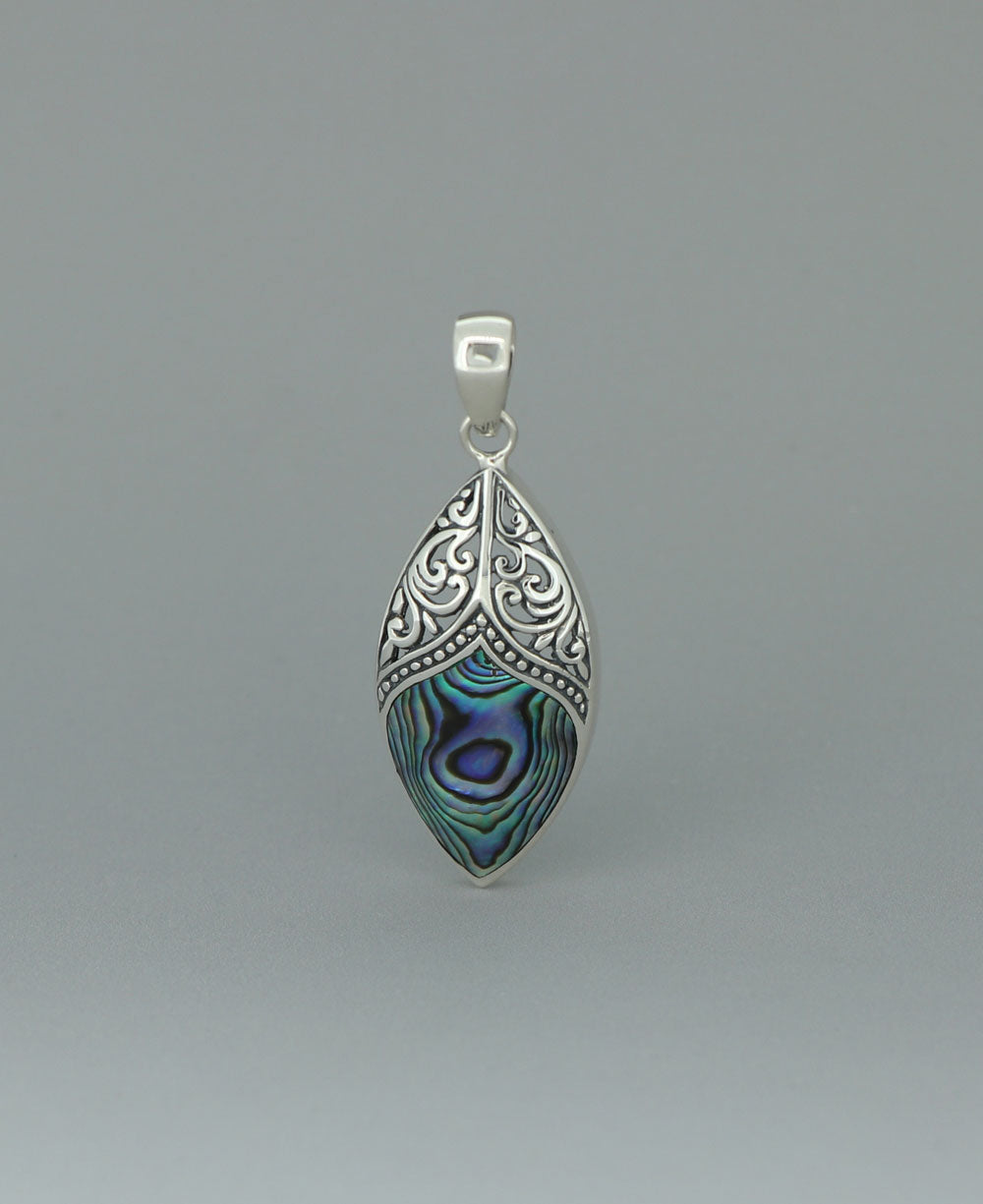 Sterling Silver Abalone Shell Filigree Pendant, Bali, Front view