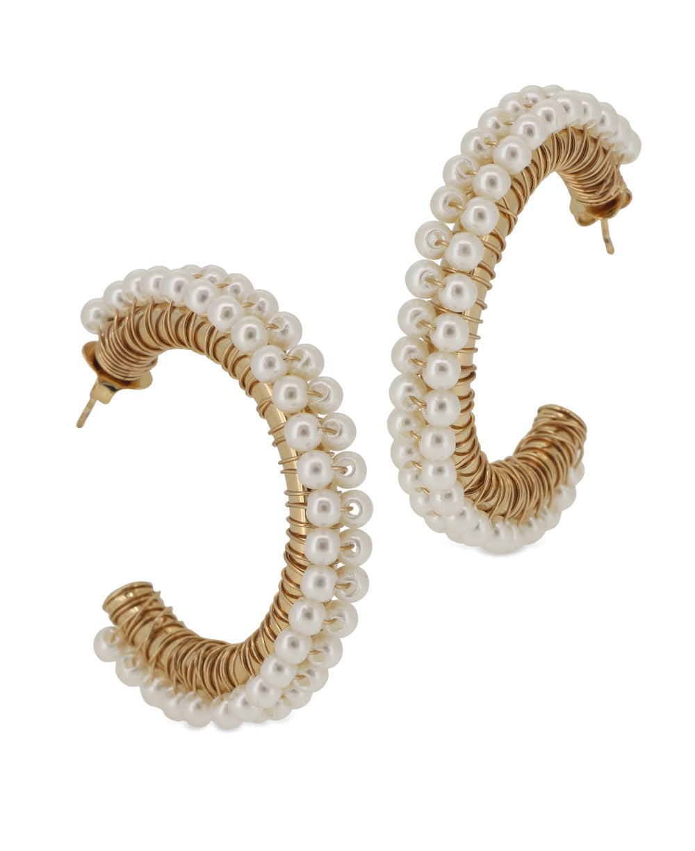 Gold plated brass and pearl hoop earrings