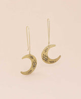 Close-up of Heart and Floral Engraved Moon Crescent Earrings