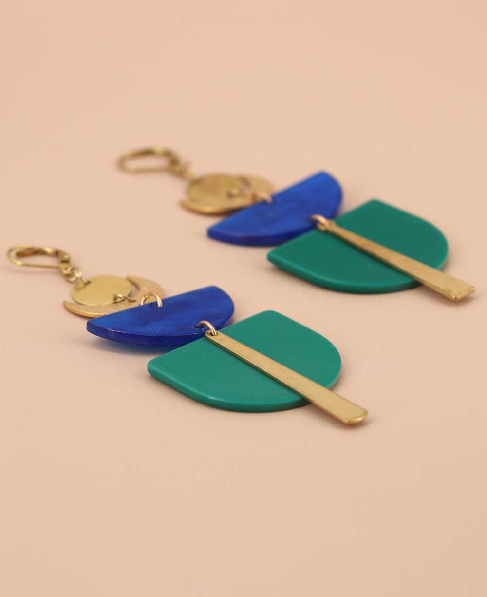 Tagua disc brass moon earrings