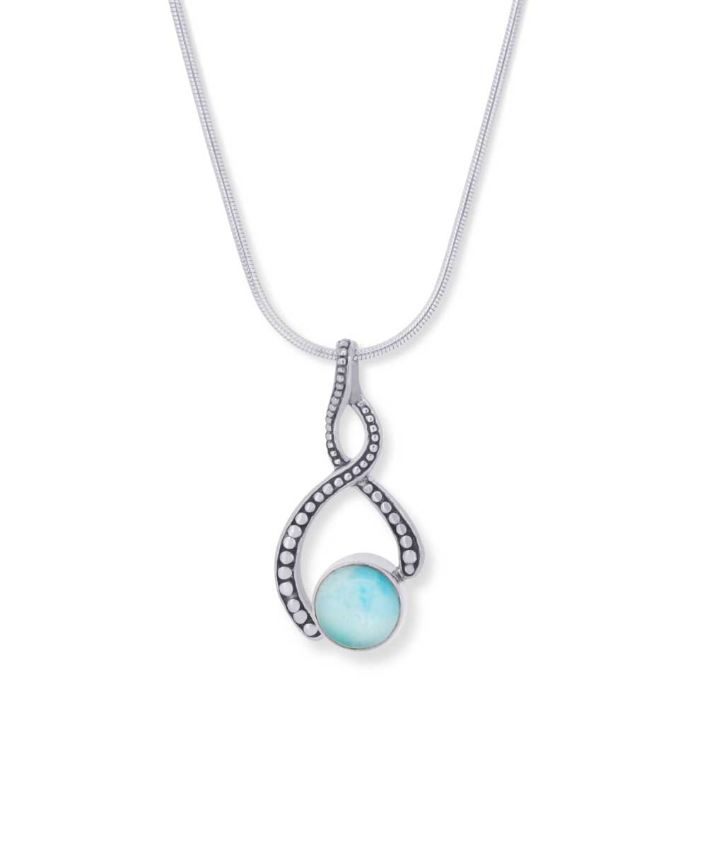 Twisting silver frame larimar pendant