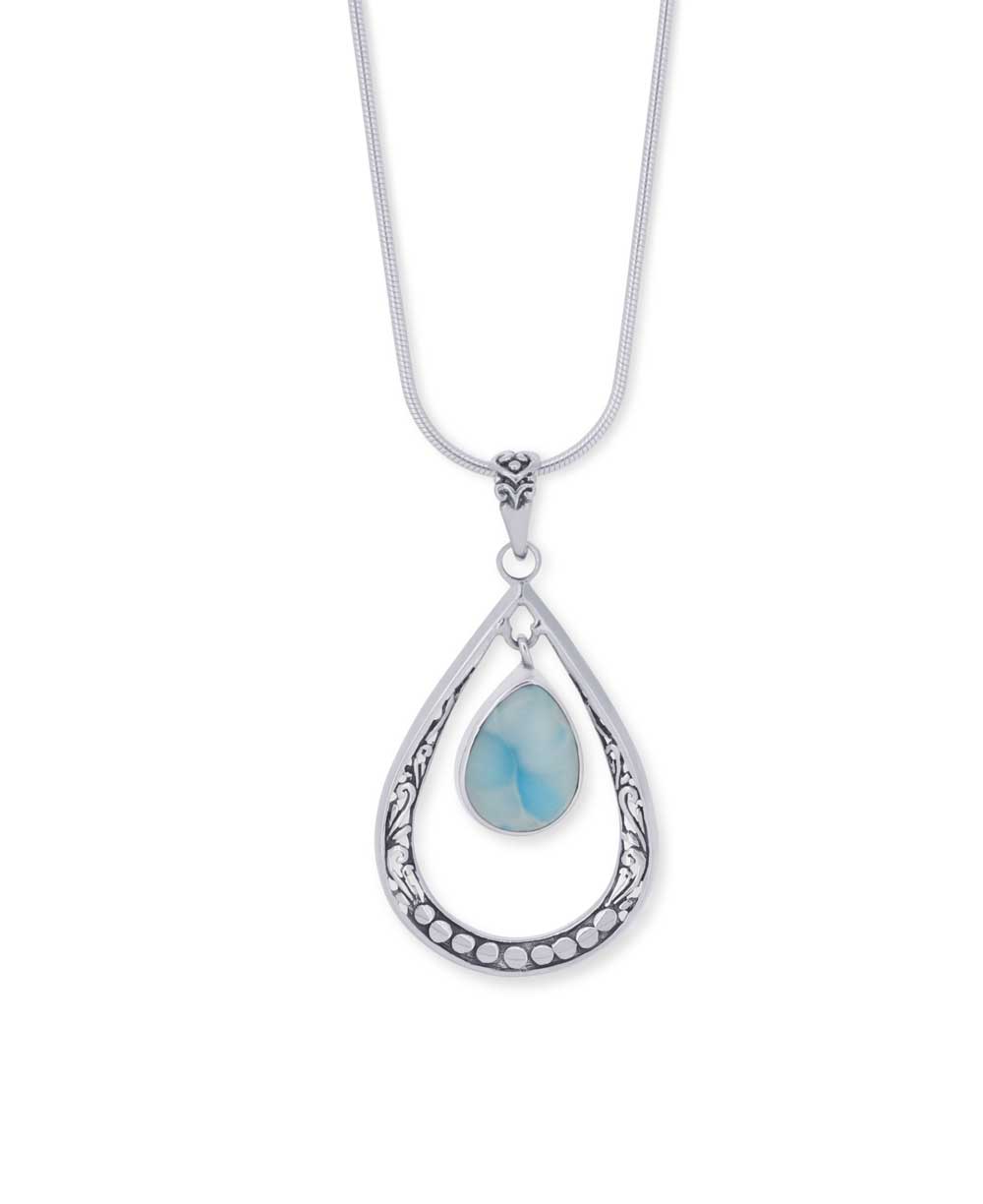 Floral engraved silver larimar pendant