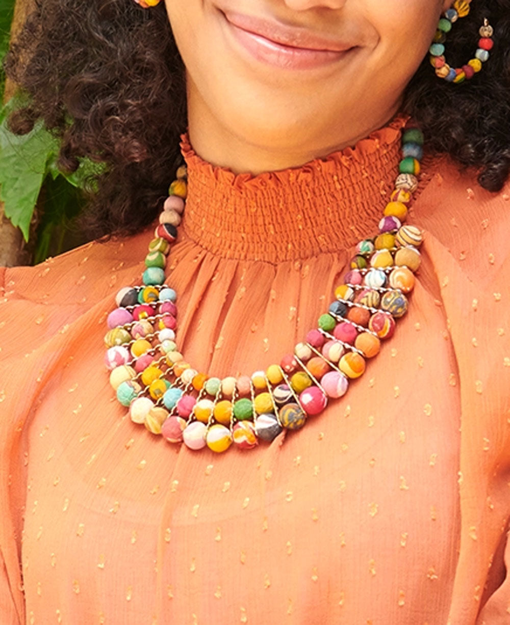 Necklace | Statement Necklace | Isla Kantha Beads | Recycled Sari Textiles | Recycled Wood | Sustainable Jewelry | Ethically 2024 Sourced