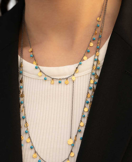 Turkish Dainty Long Necklace with Reconstituted Turquoise Beads and Brass Accents