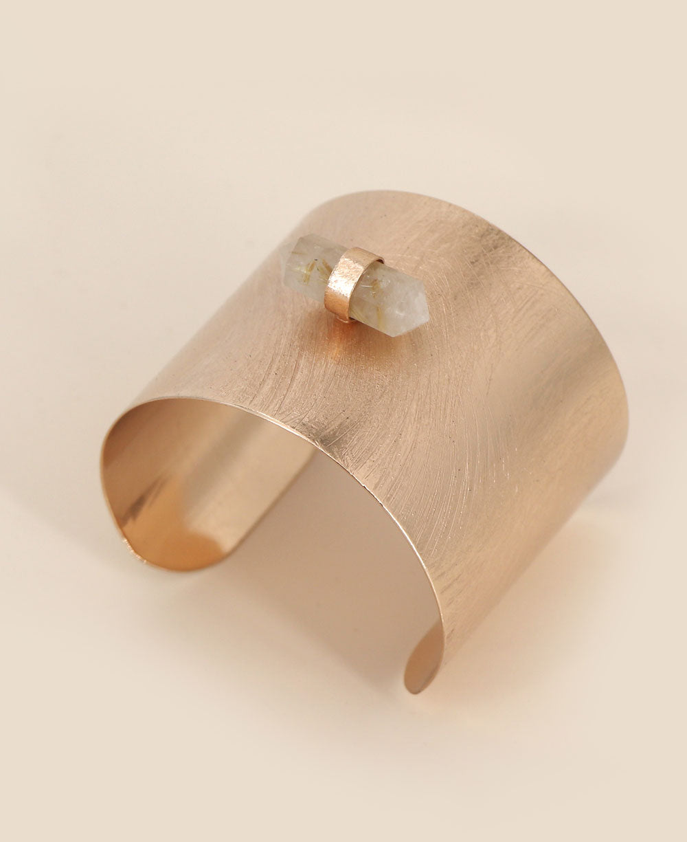 Rose Gold Plated Brass Adjustable Wide Cuff Bracelet featuring a stunning Snow Quartz Point