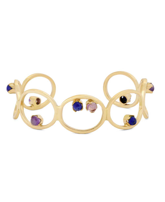 Brass cuff bracelet with amethyst and lapis stones