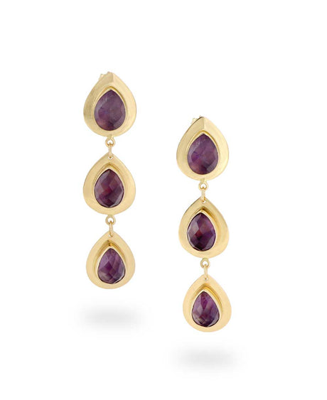 Triple teardrop brass earrings with faceted amethyst