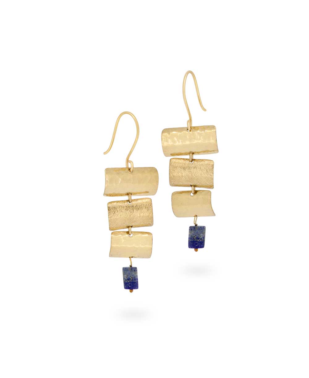 Brass earrings with hammered bars and lapis stone