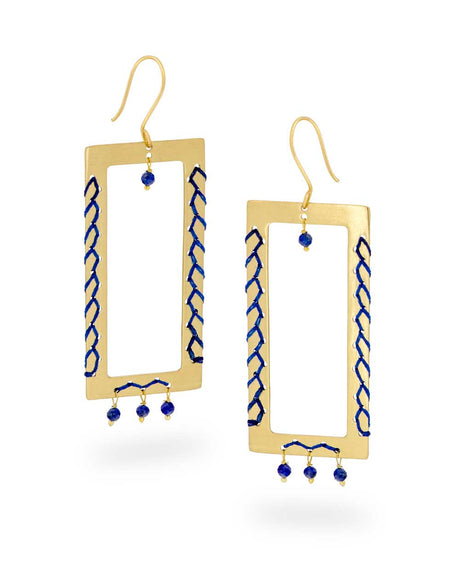 Brass earrings with blue thread and lapis beads