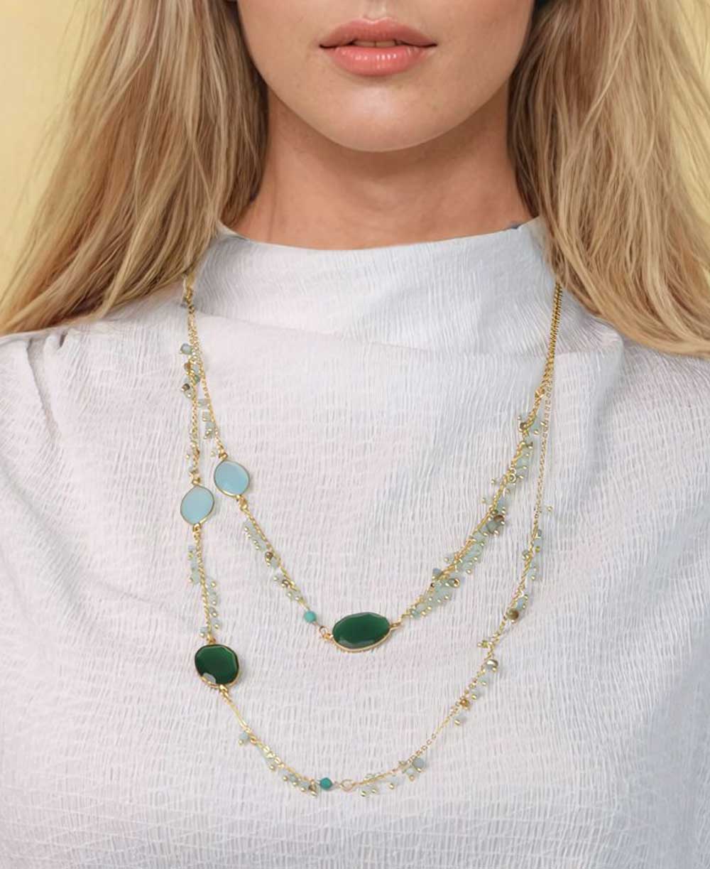 Gold-plated brass necklace with green and blue glass beads.