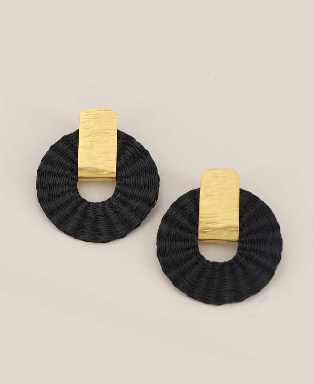 Handwoven black and gold palm disc earrings