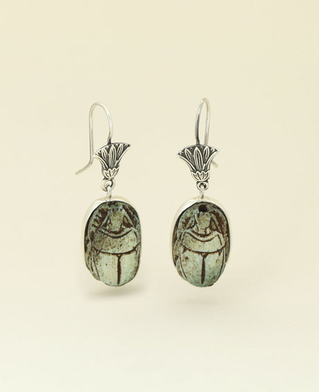 Handcrafted Sterling Silver Scarab and Lotus Earrings