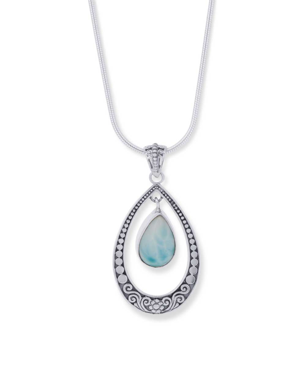 Ornate floral silver larimar pendant