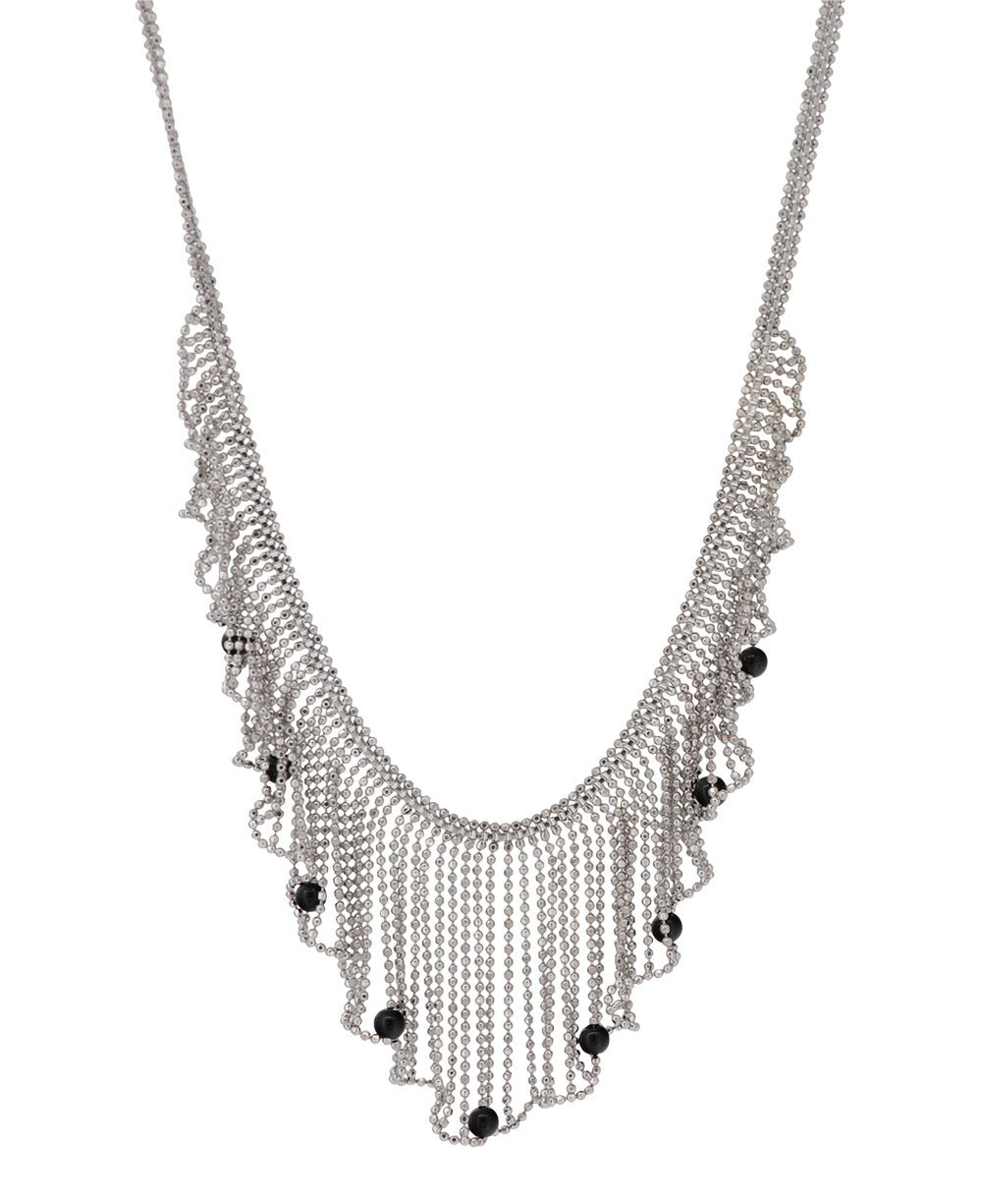 Rhodium Plated Fine Silver Fringe Necklace With Black Spinel Beads