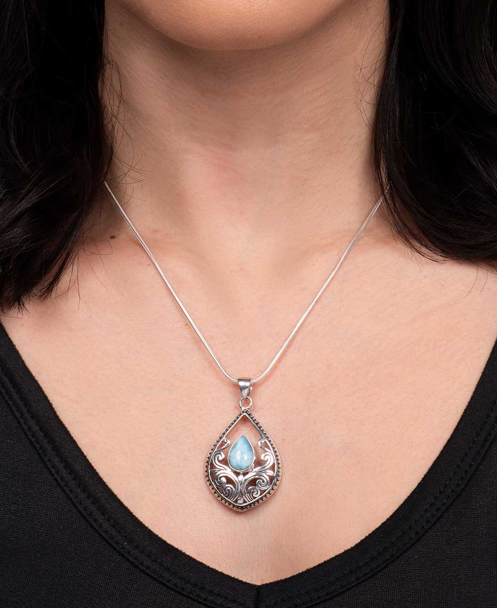 Teardrop larimar pendant with vine design