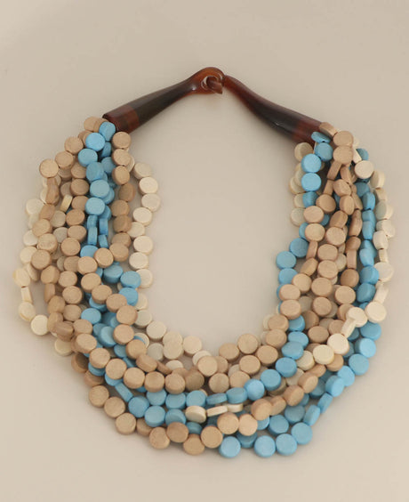 Aqua and beige wood necklace