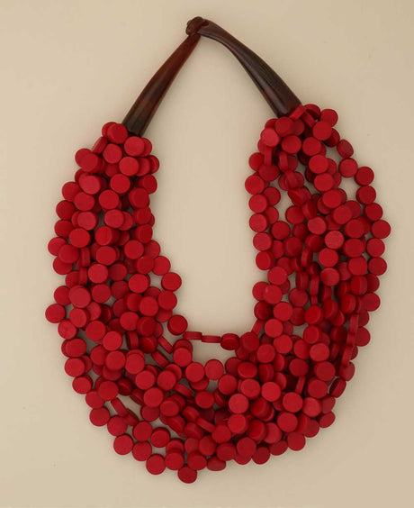 Twisted multi-strand red wooden disc necklace