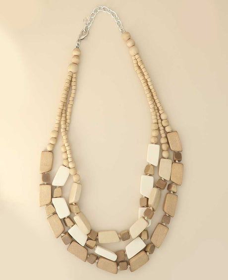 Multi-strand wooden bead necklace with geometric accents