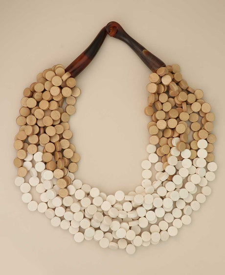 White and beige twisted wooden disc necklace