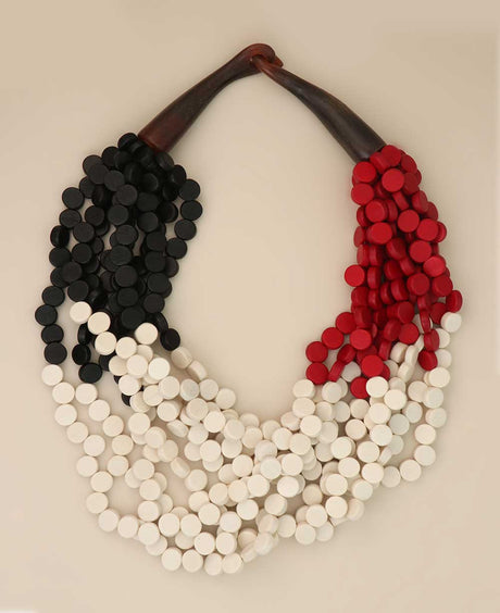 Black, red, and white wooden disc necklace